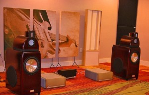 GIK Acoustics Acoustic Art Panel at Trade show with 2 channel listening room