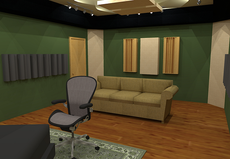 GIK Acoustics Room Layout with back wall diffusers and absorption behind listening position