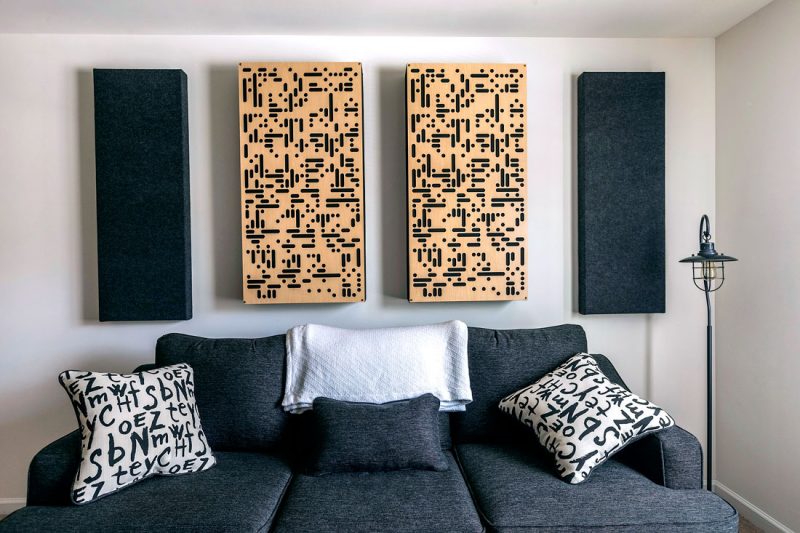 Listening room design using GIK Acoustics attractive absorber / diffuser combination 2Da Alpha Series Panels alongside 242 acoustic panels above couch