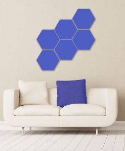Gik acoustics hexagon acoustic panels small blue above couch